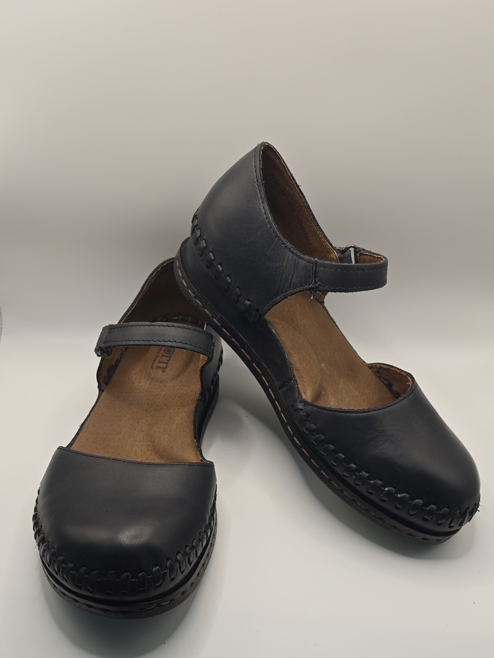 Born Black Leather Mary-Style Closed-Toe Mules with Ankle Strap